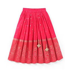 Babyhug Half Sleeves Banarsi Brocade Pattu Pavda Choli With Lehenga And Dupatta Set - Red