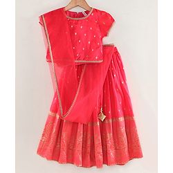 Babyhug Half Sleeves Banarsi Brocade Choli with Lehenga and Dupatta Set - Fuschia