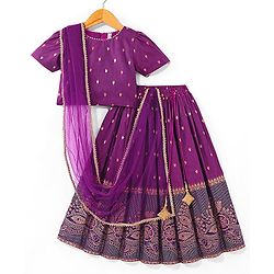 Babyhug Half Sleeves Banarsi Brocade Pattu Pavda Choli With Lehenga And Dupatta Set - Purple