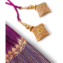 Babyhug Half Sleeves Banarsi Brocade Pattu Pavda Choli With Lehenga And Dupatta Set - Purple