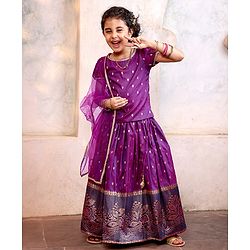 Babyhug Half Sleeves Banarsi Brocade Pattu Pavda Choli With Lehenga And Dupatta Set - Purple