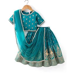 Babyhug Woven Half Sleeves Brocade Pattu Pavda Choli With Lehenga And Dupatta Set - Blue