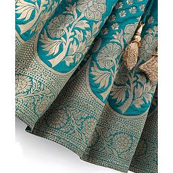 Babyhug Woven Half Sleeves Brocade Pattu Pavda Choli With Lehenga And Dupatta Set - Blue