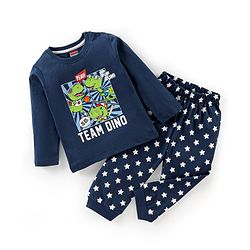 Babyhug Cotton Full Sleeves Night Suit Dino & Stars Print- Navy Blue