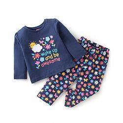 Babyhug Cotton Knit Full Sleeves Night Suit With Floral Print - Navy Blue