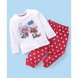 Babyhug Cotton Knit Full Sleeves Night Suit Fox Print - Red & White