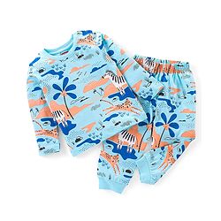 Babyhug Cotton Knit Full Sleeves Night Suit Zebra Print - Blue