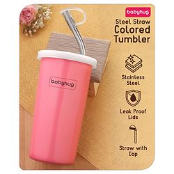 Babyhug Steel Straw Colored Tumbler Pink - 450 ml