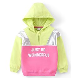 Babyhug Cotton Knit Full Sleeves Cut & Sew Sweatshirt With Hood & Metallic Fabric Text Print - Green & Pink
