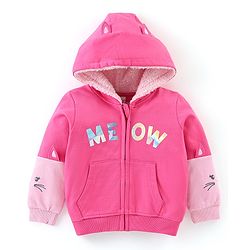 Babyhug Cotton Knit Full Sleeves Hooded Sweat Jacket with Zipper & Kitty Design - Pink
