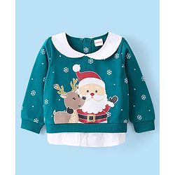 Babyhug Cotton Knit Full Sleeves Sweatshirt With Christmas Theme Graphics - Green