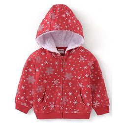 Babyhug Cotton Knit Full Sleeves Sweatjacket With Zipper & Hood Snow Print - Red