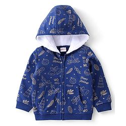 Babyhug Cotton Knit Full Sleeves Foil Printed Medium Winter Sweat Jacket with Hood - Navy Blue