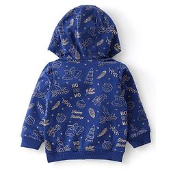 Babyhug Cotton Knit Full Sleeves Foil Printed Medium Winter Sweat Jacket with Hood - Navy Blue