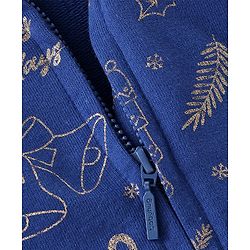Babyhug Cotton Knit Full Sleeves Foil Printed Medium Winter Sweat Jacket with Hood - Navy Blue