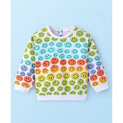Babyhug Cotton Knit Full Sleeves Drop Shoulder Sweatshirt With Smiley Print - White
