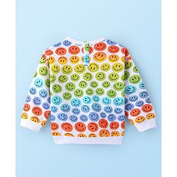 Babyhug Cotton Knit Full Sleeves Drop Shoulder Sweatshirt With Smiley Print - White