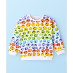Babyhug Cotton Knit Full Sleeves Drop Shoulder Sweatshirt With Smiley Print - White