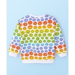 Babyhug Cotton Knit Full Sleeves Drop Shoulder Sweatshirt With Smiley Print - White