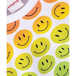 Babyhug Cotton Knit Full Sleeves Drop Shoulder Sweatshirt With Smiley Print - White