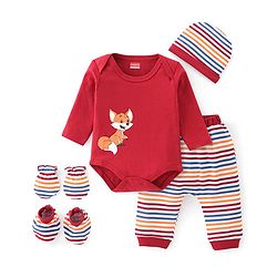 Babyhug 100% Cotton Interlock Knit Full Sleeves Onesies With Leggings Cap & Mittens Booties Stripes & Fox Print - Red
