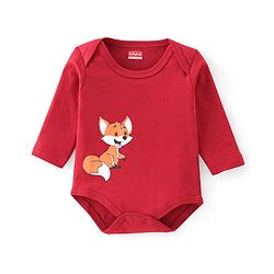 Babyhug 100% Cotton Interlock Knit Full Sleeves Onesies With Leggings Cap & Mittens Booties Stripes & Fox Print - Red