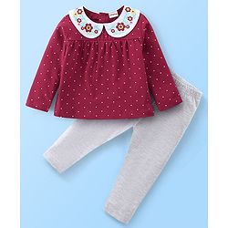 Babyhug Full Sleeves Knit Top With Flower Applique and Legging Set - Maroon & White