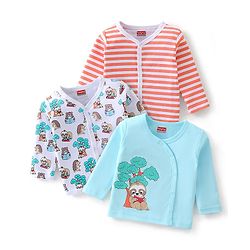 Babyhug 100% Cotton Knit Full Sleeves Front Open Vest Sloths Print Pack of 3 - Multicolour
