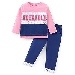 Babyhug 100% Cotton Full Sleeves Text Printed Top and Lounge Pant - Pink & Blue