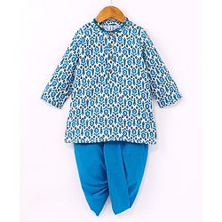 Babyhug 100% Cotton Full Sleeves All Over Floral Printed Dhoti Kurta Set- Blue