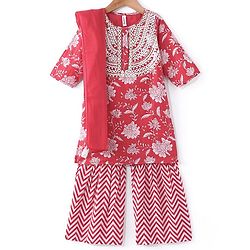 Babyhug 100% Cotton Three Fourth Sleeve Floral Printed Kurti with Gharara and Dupatta - Coral