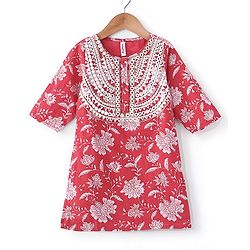 Babyhug 100% Cotton Three Fourth Sleeve Floral Printed Kurti with Gharara and Dupatta - Coral