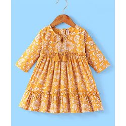 Babyhug 100% Cotton Woven Three Fourth Sleeves Floral Printed Ethnic Dress - Yellow