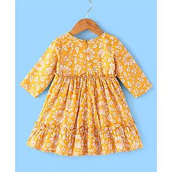 Babyhug 100% Cotton Woven Three Fourth Sleeves Floral Printed Ethnic Dress - Yellow