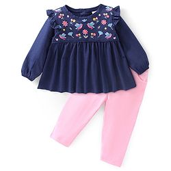 Babyhug 100% Cotton Full Sleeves Top & Lounge Pant Set Floral Embroidery - Navy & Pink
