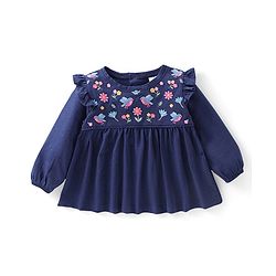Babyhug 100% Cotton Full Sleeves Top & Lounge Pant Set Floral Embroidery - Navy & Pink