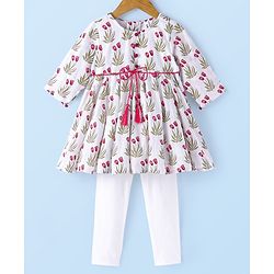 Babyhug  Cotton Three Fourth Sleeve Floral Printed Kurta with Leggings  - Off White
