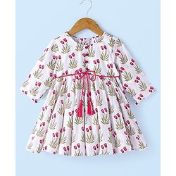 Babyhug  Cotton Three Fourth Sleeve Floral Printed Kurta with Leggings  - Off White