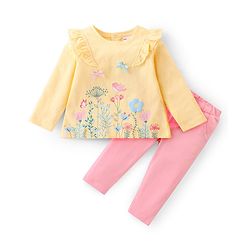 Babyhug Cotton Full Sleeves Top & Leggings Set Floral Print- Yellow & Pink