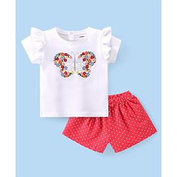 Babyhug Cotton Half Sleeves Top & Shorts Set Floral Embroidery- White & Red