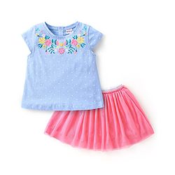 Babyhug Cotton Half Sleeves Top & Skirt Set Floral Print- Blue & Pink