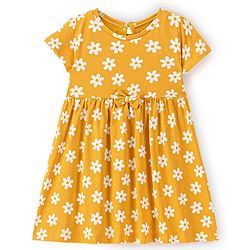 Babyhug 100% Cotton Knit Short Sleeves Dress with Bow Flowers Print - Yellow