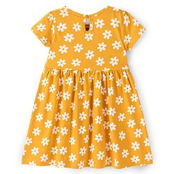 Babyhug 100% Cotton Knit Short Sleeves Dress with Bow Flowers Print - Yellow