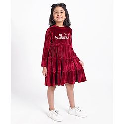 Babyhug Vellore Full Sleeves Text Embroidered Dress - Red