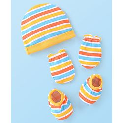 Babyhug 100% Cotton Cap Mittens And Booties Striped - Yellow