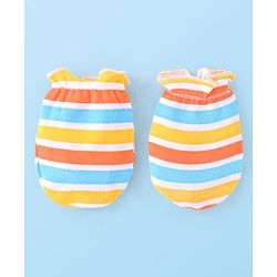 Babyhug 100% Cotton Cap Mittens And Booties Striped - Yellow