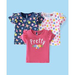 Babyhug Cotton Knit Half Sleeves Floral Print Tops Pack of 3 - Pink Blue & White