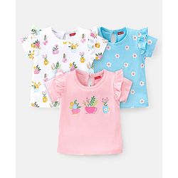 Babyhug 100% Cotton Knit Half Sleeves Tee With Floral Graphics & Frill Detailing Pack Of 3- Multicolour