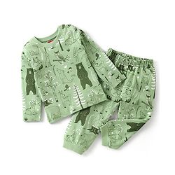 Babyhug Single Jersey Cotton Knit Full Sleeves Wild Animals Printed Night Suit - Green