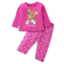 Babyhug Cotton Knit Single Jersey Full Sleeves Night Suit With Teddy & Rainbow Print - Pink
